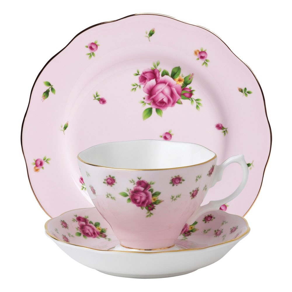 Bone China Teapot Albert "New Country Roses Polka Rose" 3-Piece Tea Set - Fine Bone China Teapot, Sugar, Creamer Set Royal